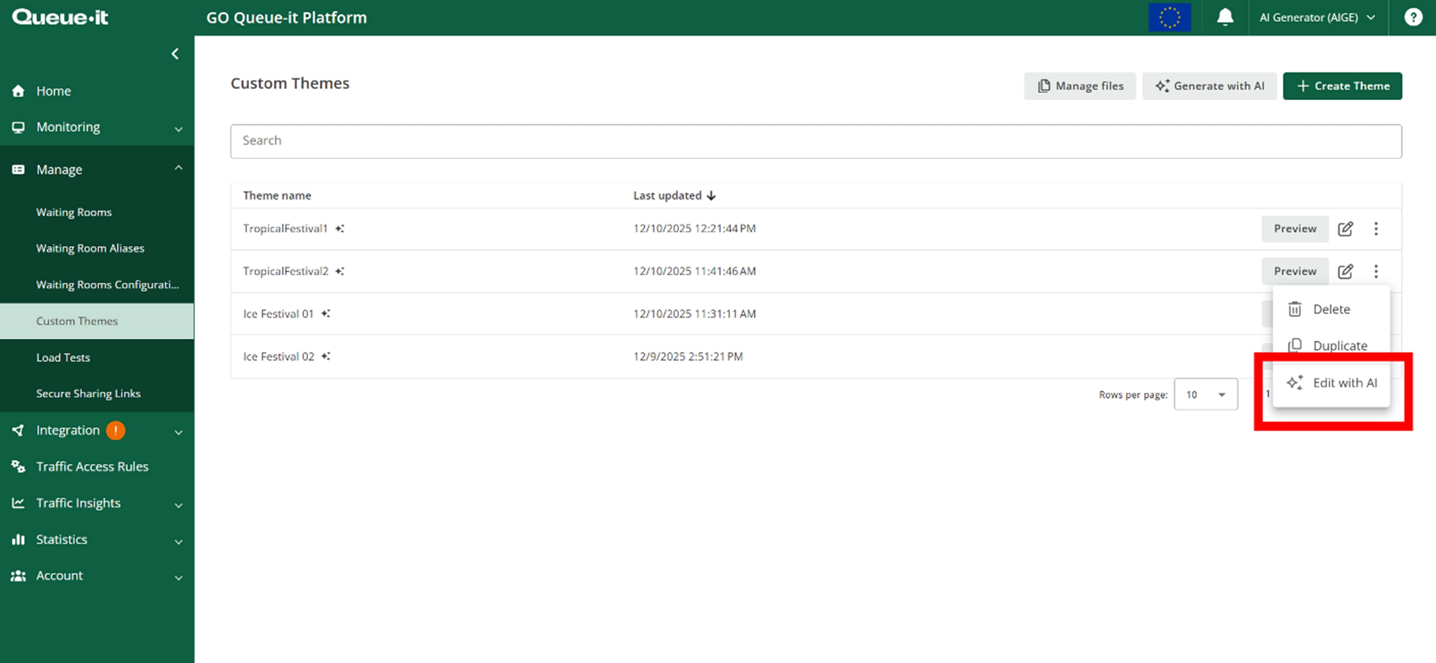 Queue-it GO Platform "Edit with AI" feature location